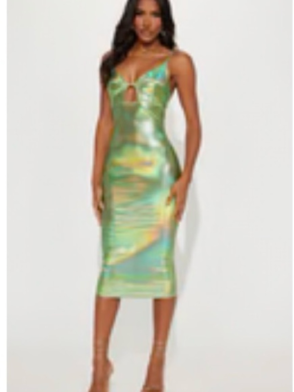 Fashion Nova Green Iridescent Midi Dress with Keyhole Neckline